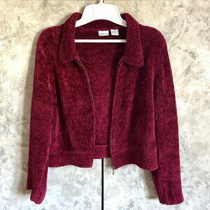 Burgundy Chenille Cropped Zip-Up Sweater; Small